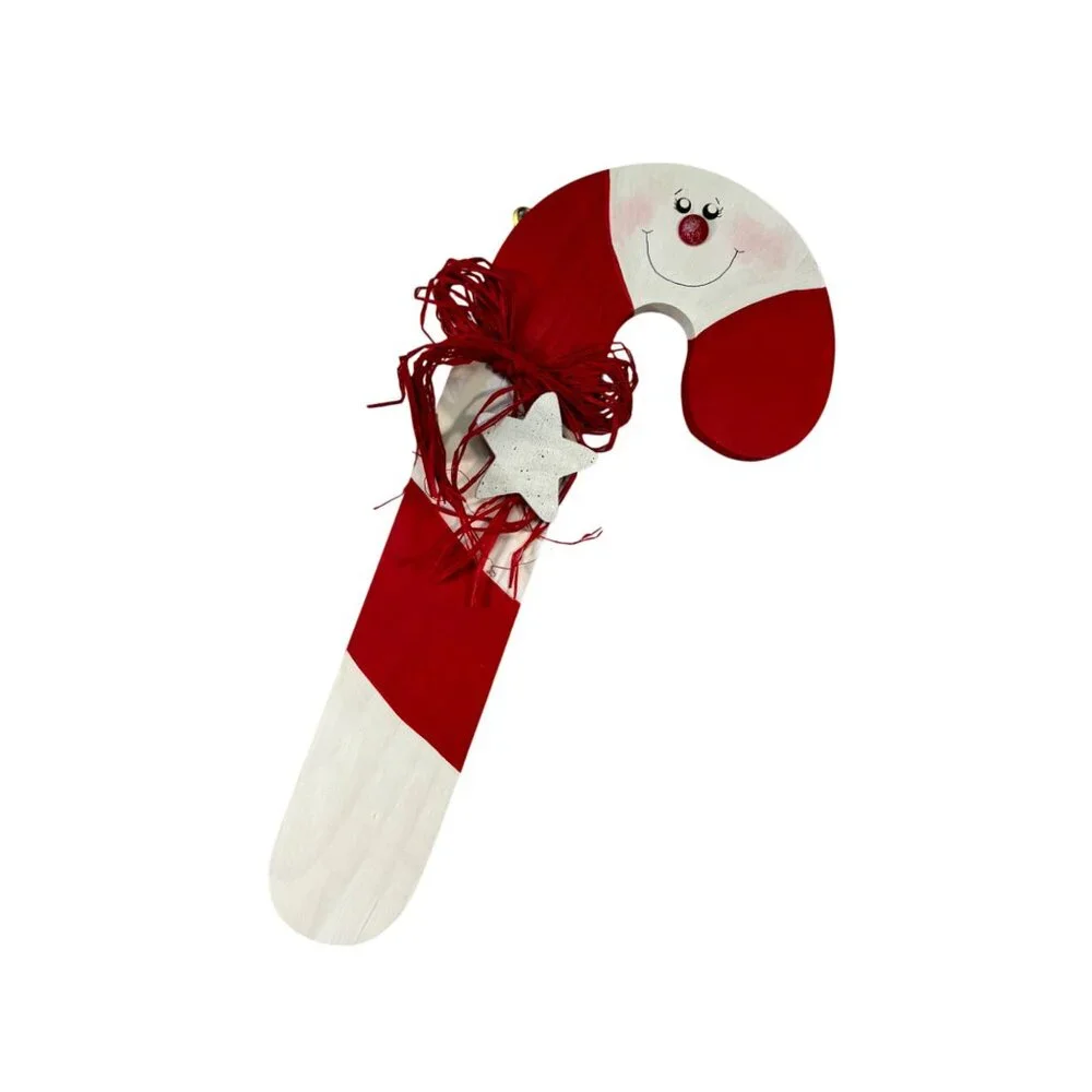 Handmade Wooden Candy Cane Wall Decor With Red Ribbon & Star Ornament